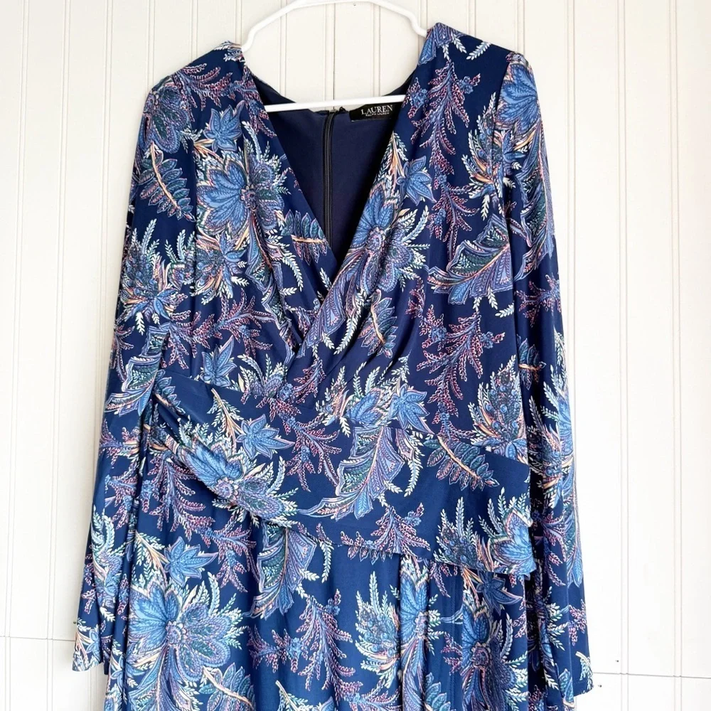 Lauren Ralph Lauren Size 14 Women's Blue Floral Jersey Long-Sleeve Dress NEW! - Picture 3 of 6